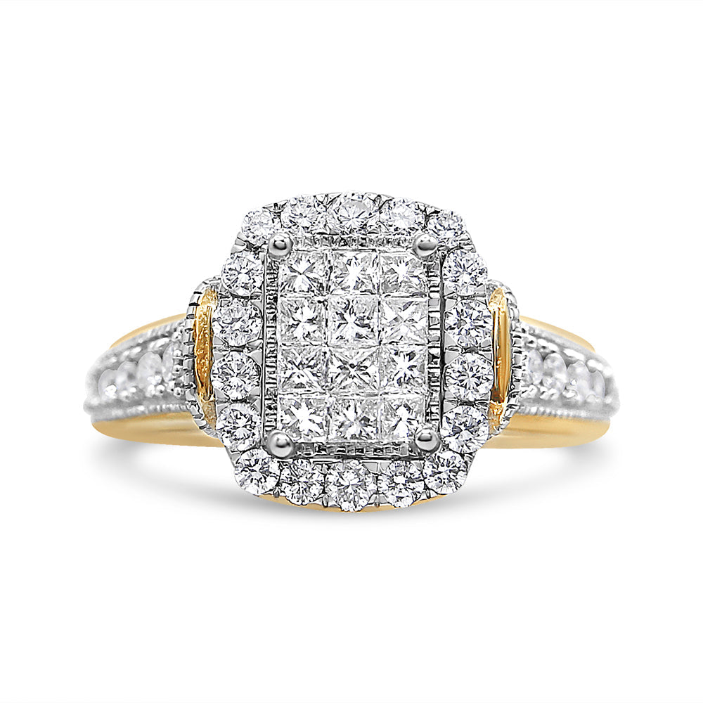 14K Yellow and White Gold 1.00 Cttw Princess and Round Cut Emerald Shaped Halo Diamond Cluster Ring (SI1-SI2 Clarity, H-I Color) - Size 7 by Bids.com