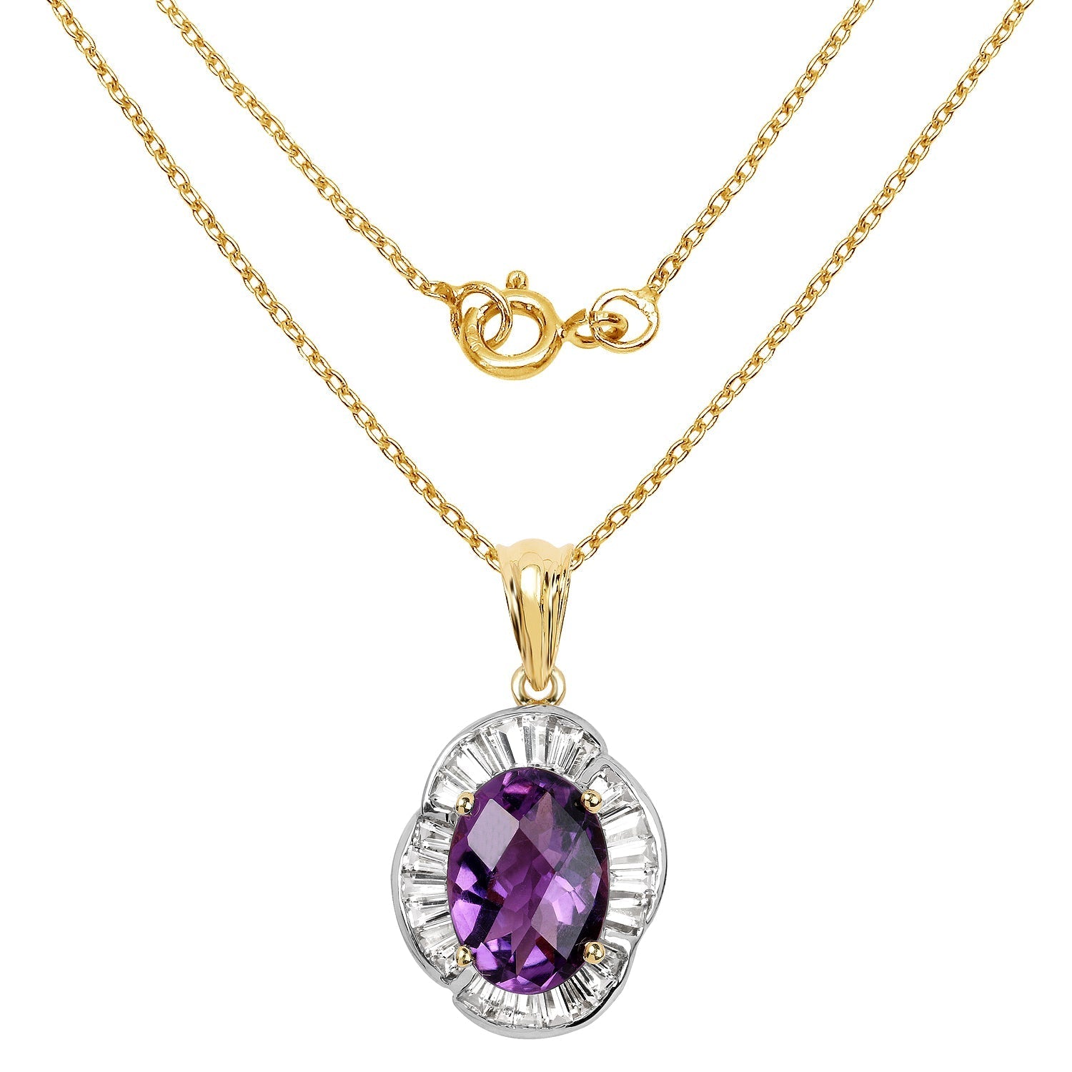 14K Yellow Gold Plated 6.43 Carat Genuine Amethyst and White Topaz .925 Sterling Silver Pendant  DestGlow
