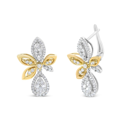 14K White and Yellow Gold 1.00 Cttw Round Pave-Set Diamond Teardrop and Marquise Shape Drop Dangle Earrings (H-I Color, SI1-SI2 Clarity)  DestGlow