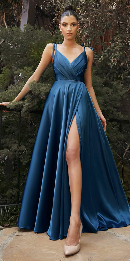 Cinderella Divine BD105 Flowy Satin A-Line Gown with Leg Slit by DiscountDressShop