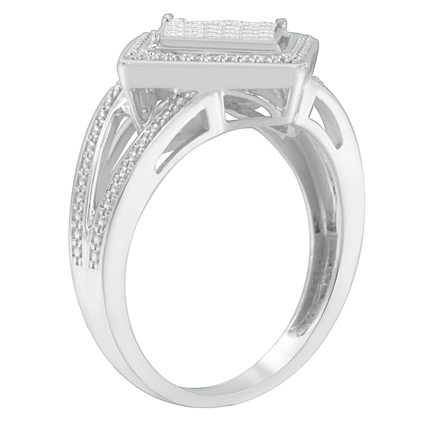 .925 Sterling Silver 1/3 Cttw Invisible Set Princess-Cut Diamond Rhombus and Beaded Halo Ring (H-I Color, SI1-SI2 Clarity) - Ring Size 7 by Bids.com