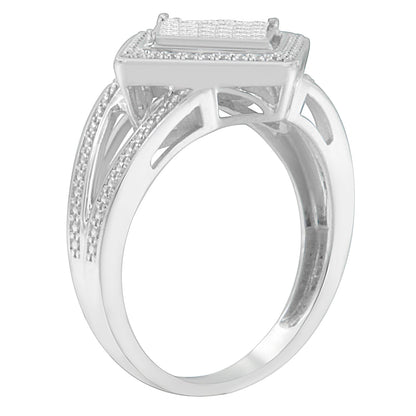 .925 Sterling Silver 1/3 Cttw Invisible Set Princess-Cut Diamond Rhombus and Beaded Halo Ring (H-I Color, SI1-SI2 Clarity) - Ring Size 7 by Bids.com