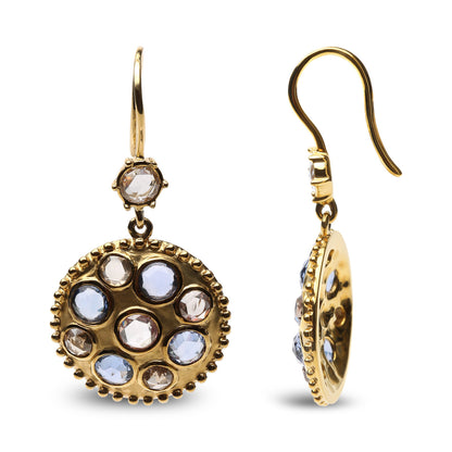 18K Yellow Gold 1 2/3 Cttw Diamond and Blue Sapphire Bezel Set Gemstone Cluster Medallion Dangle Earrings (Brown and G-H Color, SI1-SI2 Clarity) by Bids.com