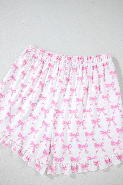 Women's Pink Bow Print Pajama Set - Short Sleeve Top & Ruffled Shorts