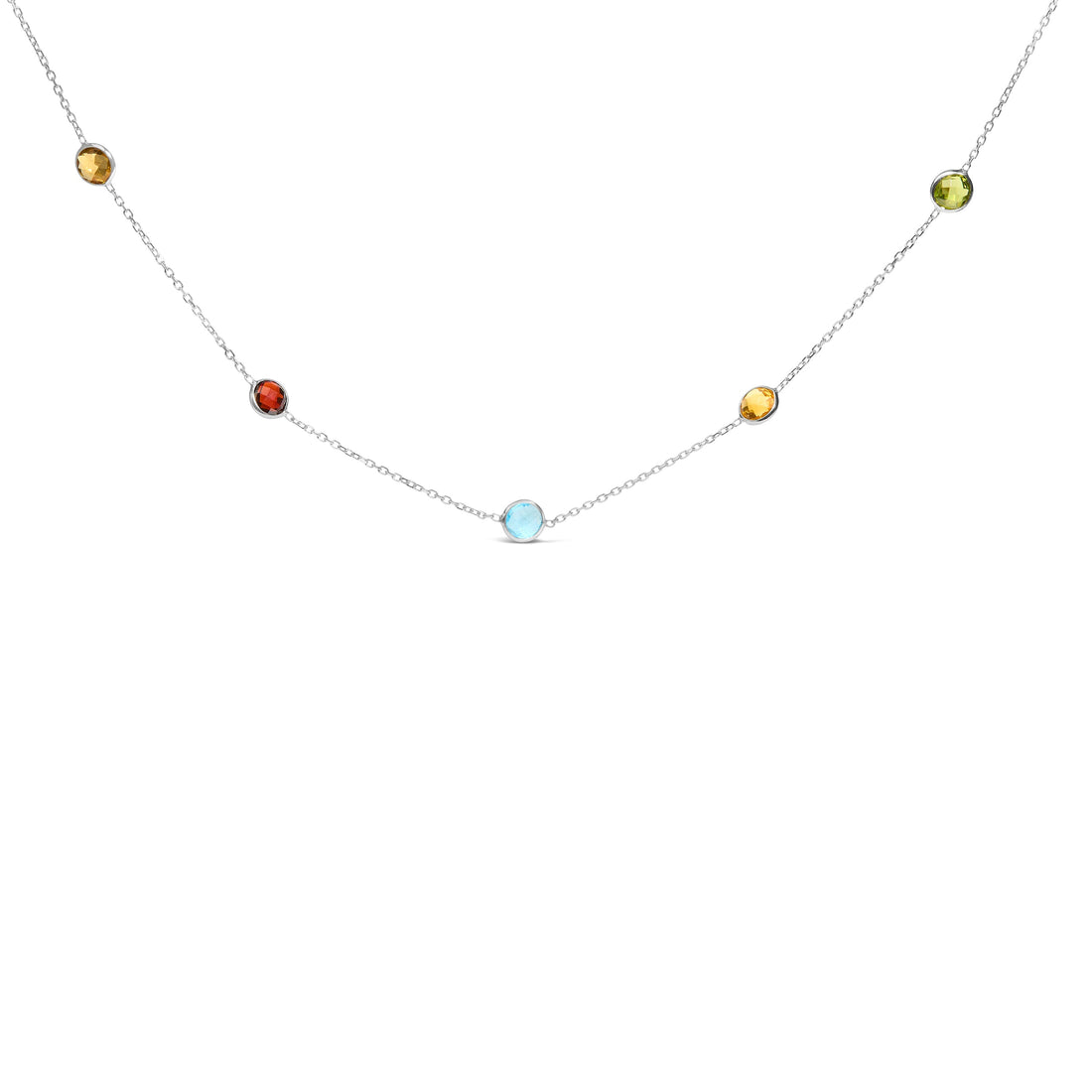 14K White Gold Bezel Set Mixed Gemstone 7 Station Adjustable 18"-24" Necklace  DestGlow