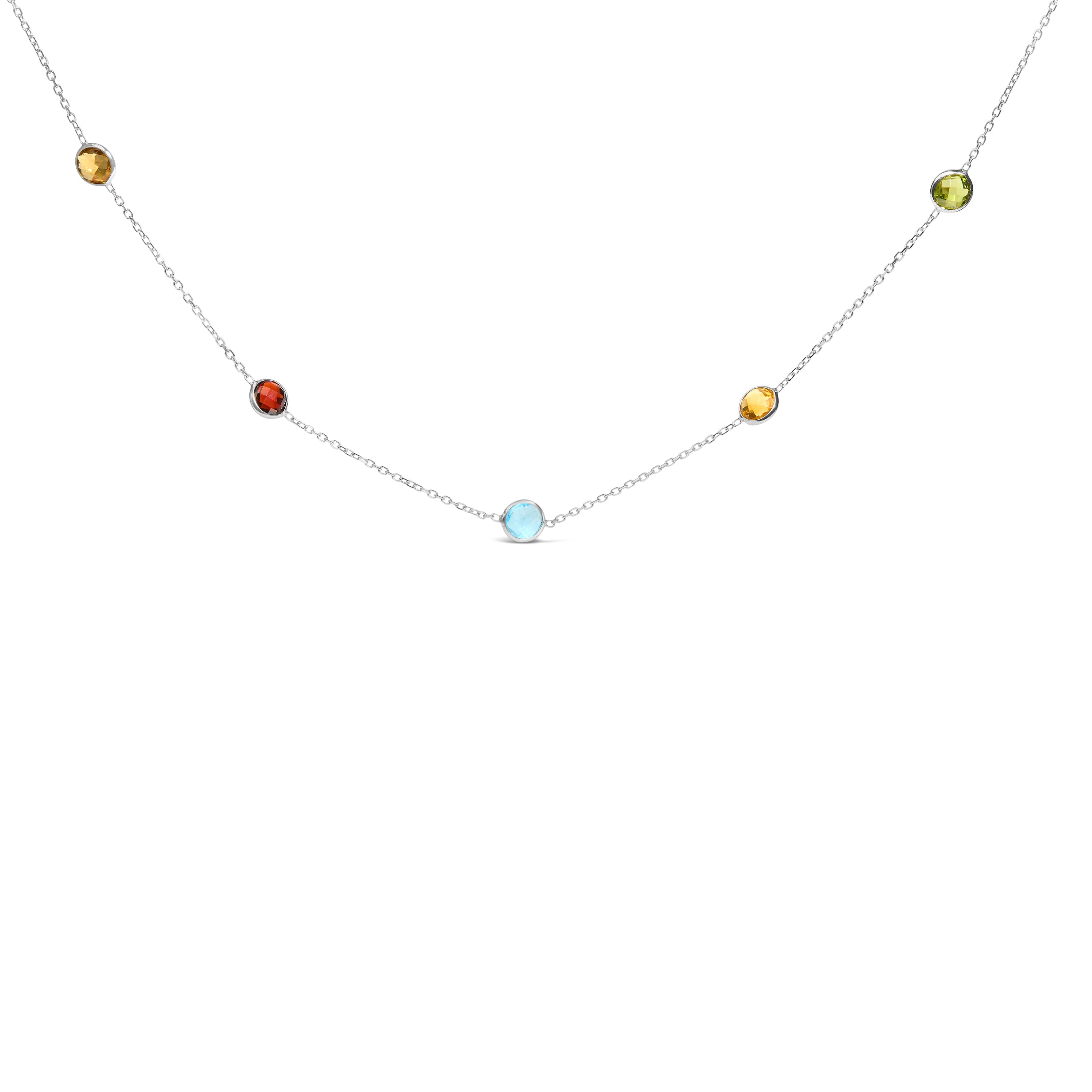 14K White Gold Bezel Set Mixed Gemstone 7 Station Adjustable 18"-24" Necklace  DestGlow