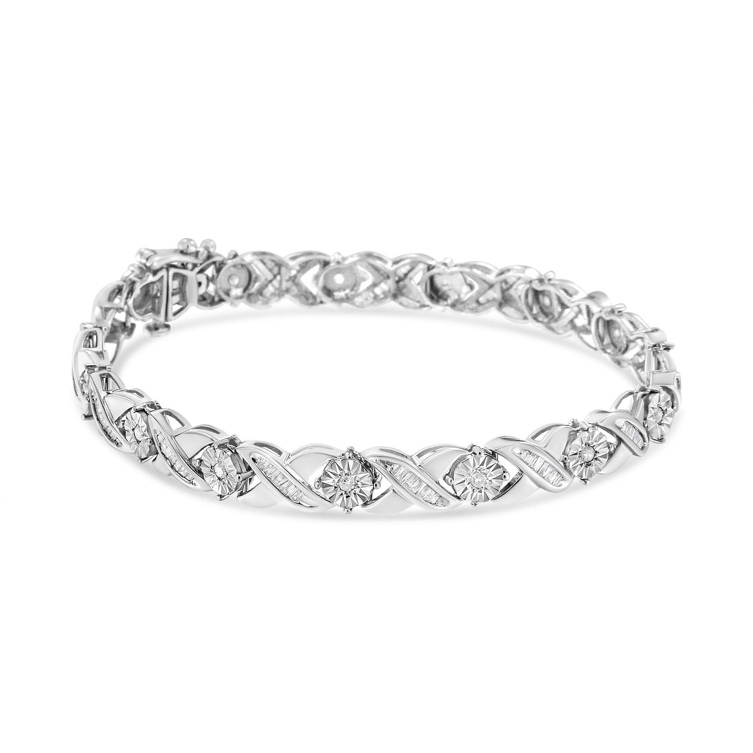 .925 Sterling Silver 1.0 Cttw Round-Brilliant and Baguette Cut Diamond Miracle-Set X-Link 7" Tennis Bracelet (I-J Color, I2-I3 Clarity) by Bids.com