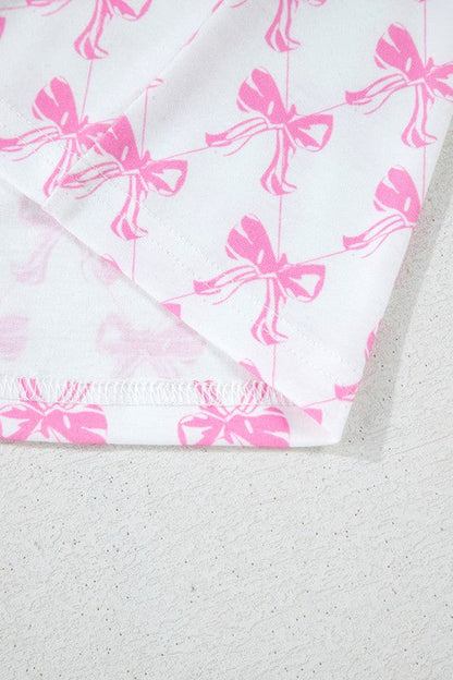 Women's Pink Bow Print Pajama Set - Short Sleeve Top & Ruffled Shorts