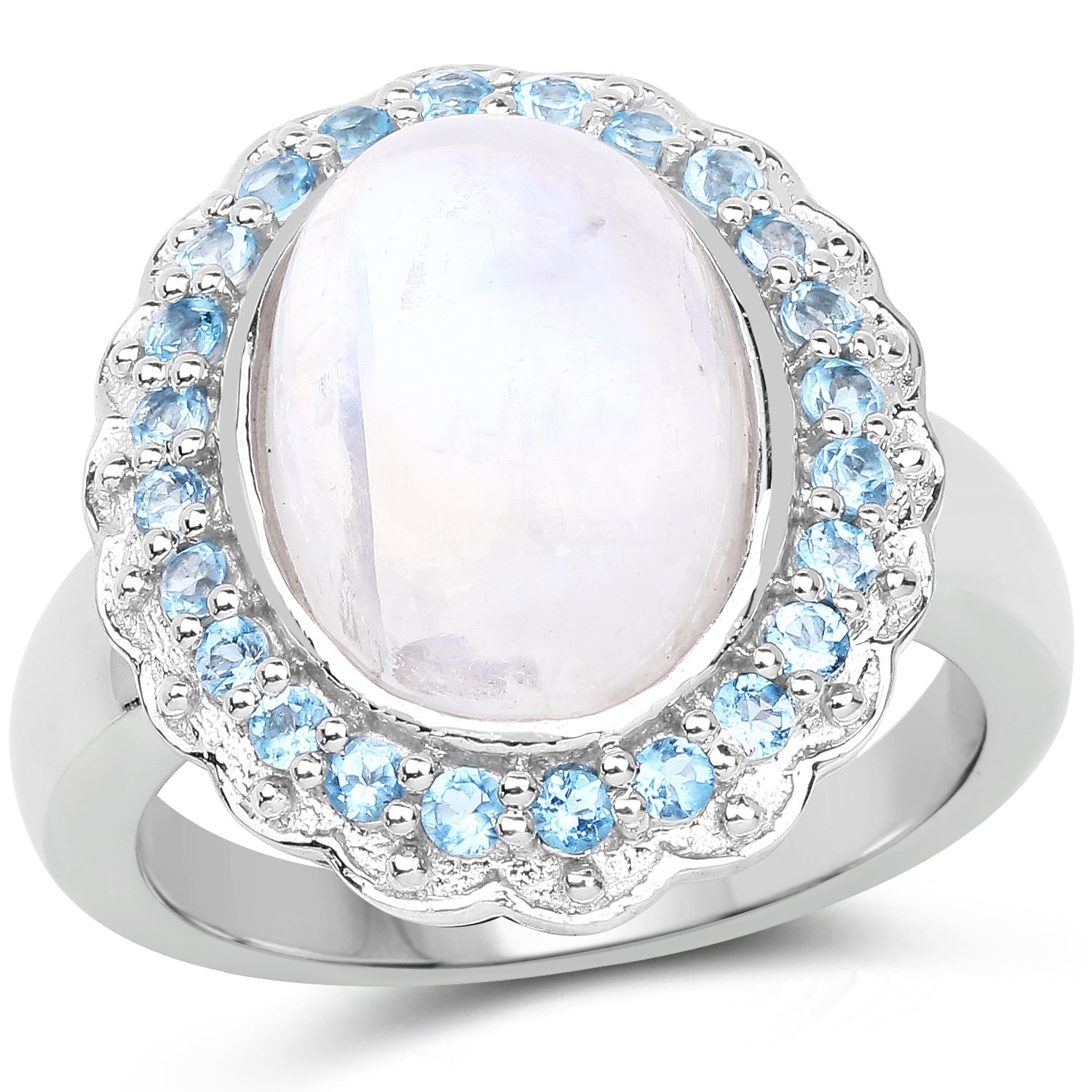 7.21 Carat Genuine White Rainbow Moonstone &amp; Swiss Blue Topaz .925 Sterling Silver Ring by Bids.com