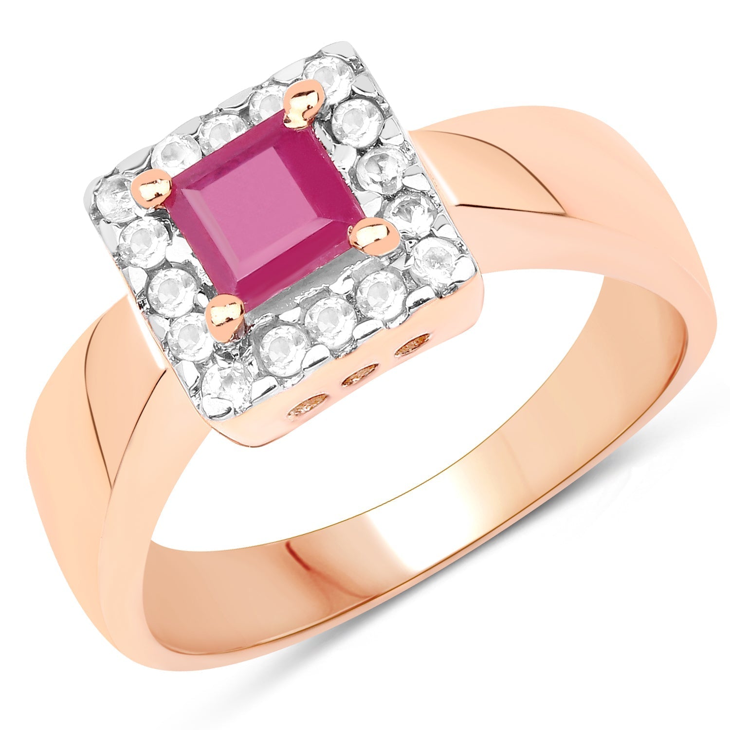 14K Rose Gold Plated 1.26 Carat Genuine Glass Filled Ruby &amp; White Topaz .925 Sterling Silver Ring  DestGlow