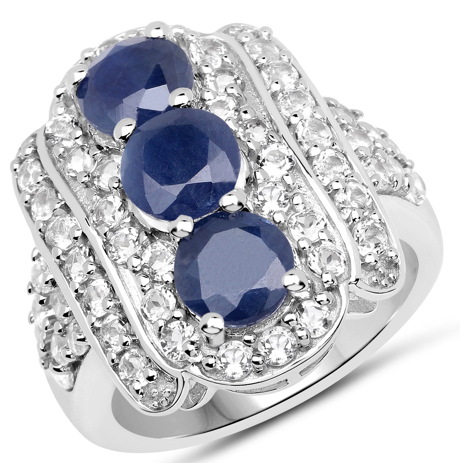 4.85 Carat Genuine Blue Sapphire and White Topaz .925 Sterling Silver Ring by Bids.com