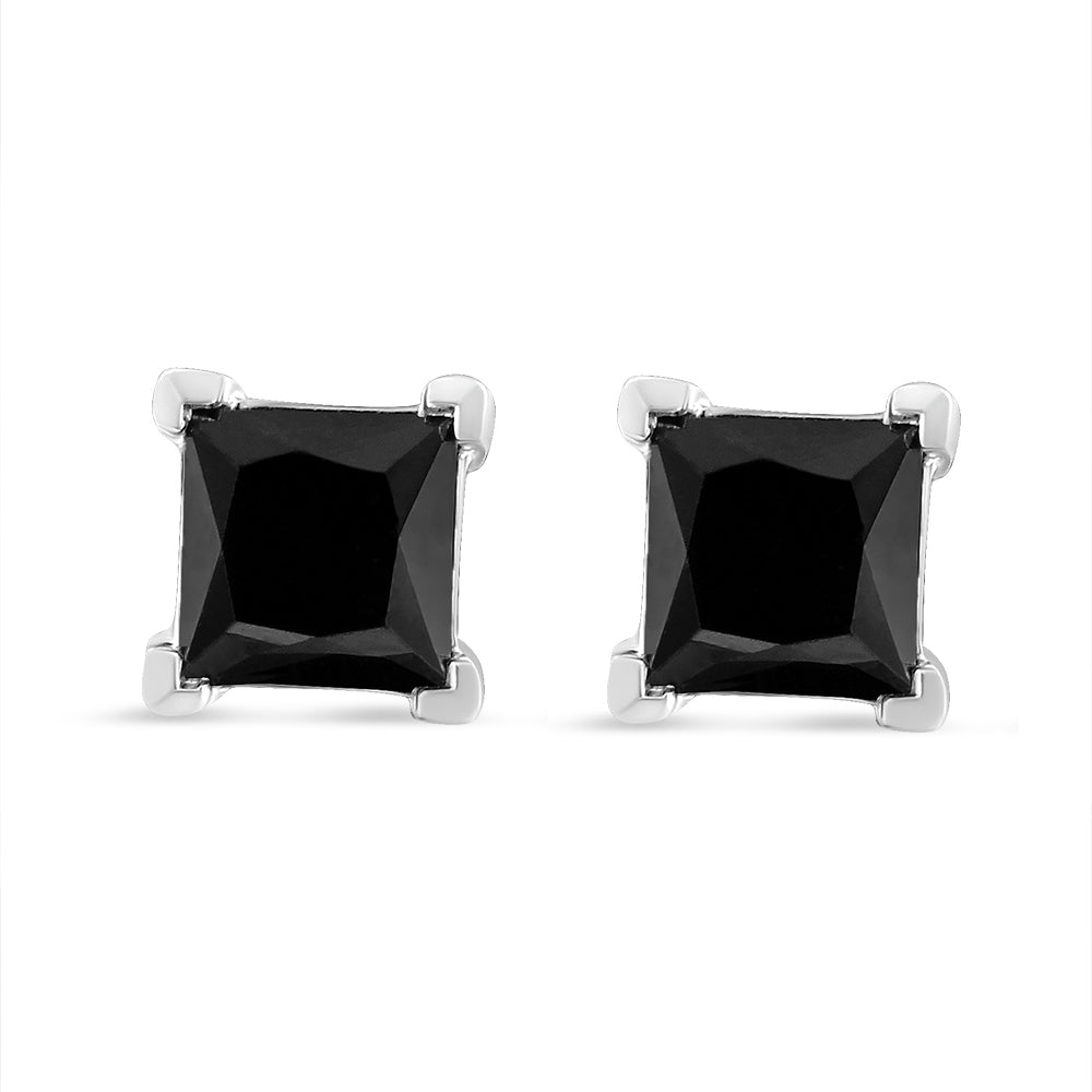.925 Sterling Silver 4.00 Cttw Princess-Cut Square Black Diamond Classic 4-Prong Stud Earrings with Screw Backs by Bids.com