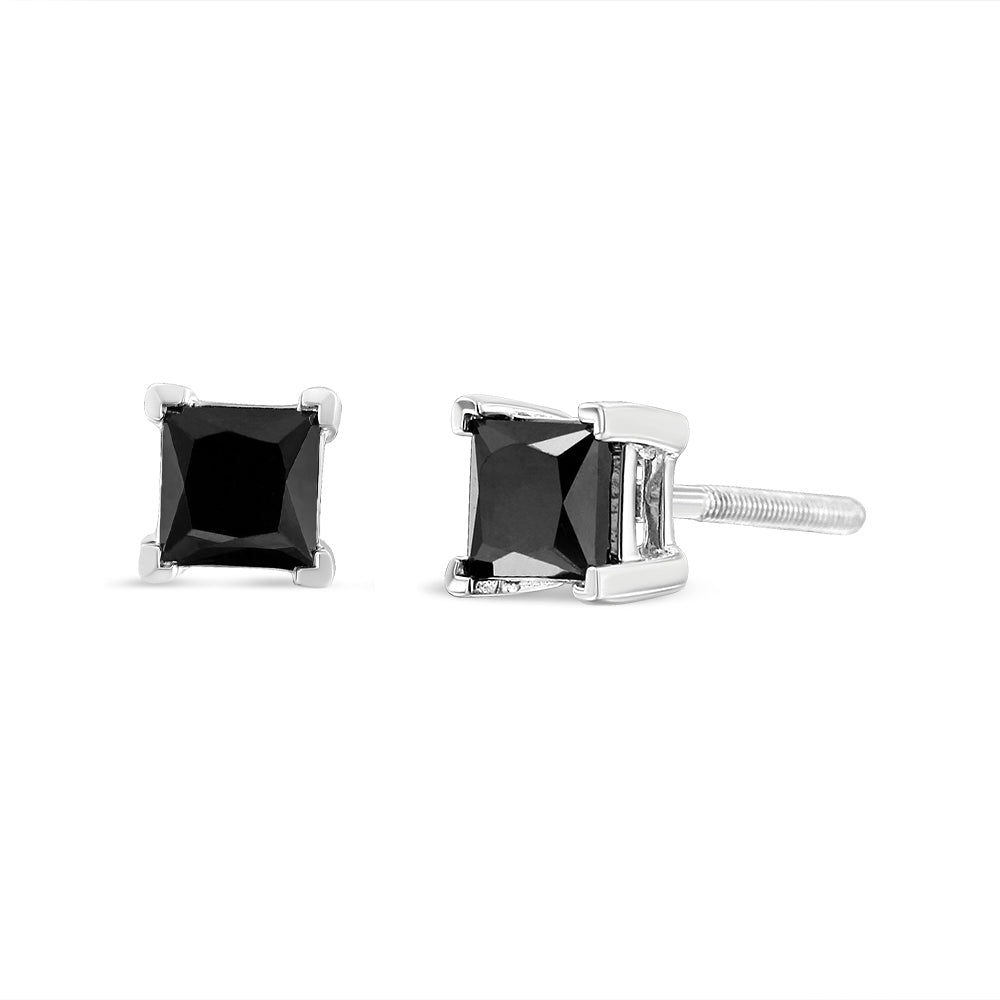 .925 Sterling Silver 4.00 Cttw Princess-Cut Square Black Diamond Classic 4-Prong Stud Earrings with Screw Backs by Bids.com
