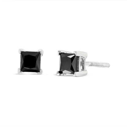 14K White Gold 4.00 Cttw Princess-Cut Treated Black Diamond Classic 4-Prong Stud Earrings with Screw Backs (Fancy Color-Enhanced, I2-I3 Clarity) by Bids.com