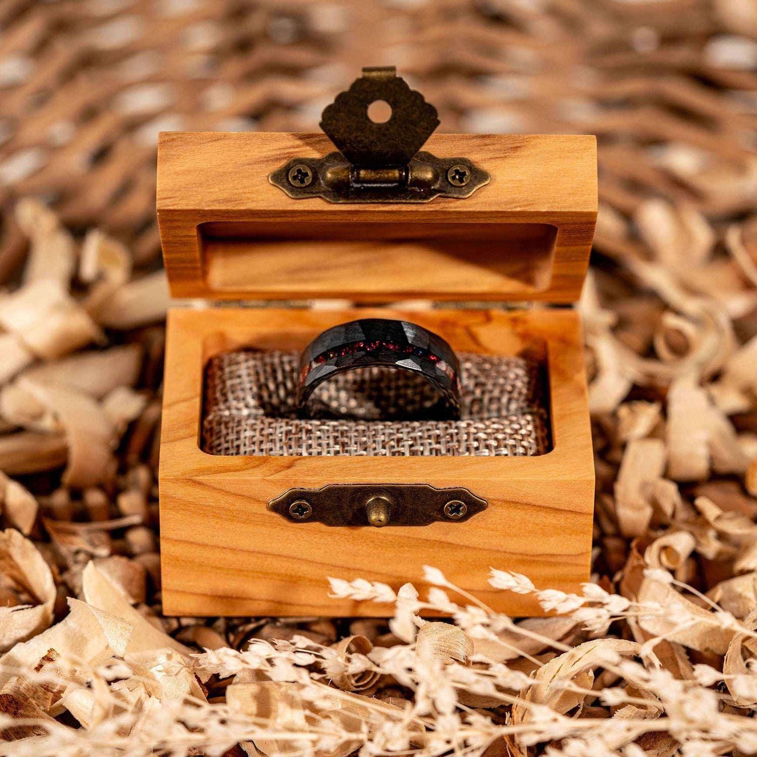 Black Hammered Tungsten Red Opal Wedding Ring