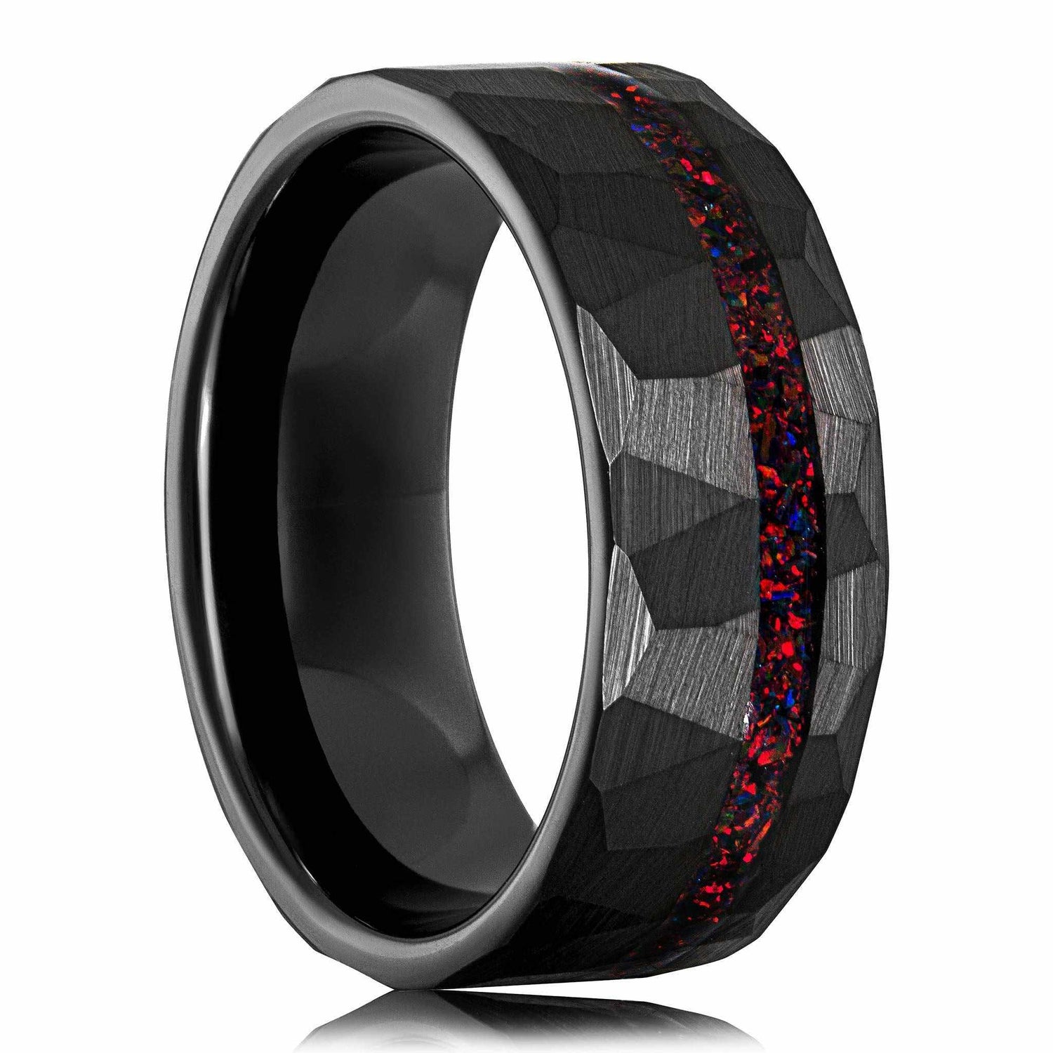 Black Hammered Tungsten Red Opal Wedding Ring