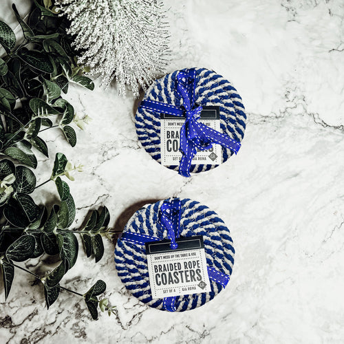 Braided Cotton Coasters 4-Pack - Candy Cane Stripe Pattern (Black, Red or Blue)