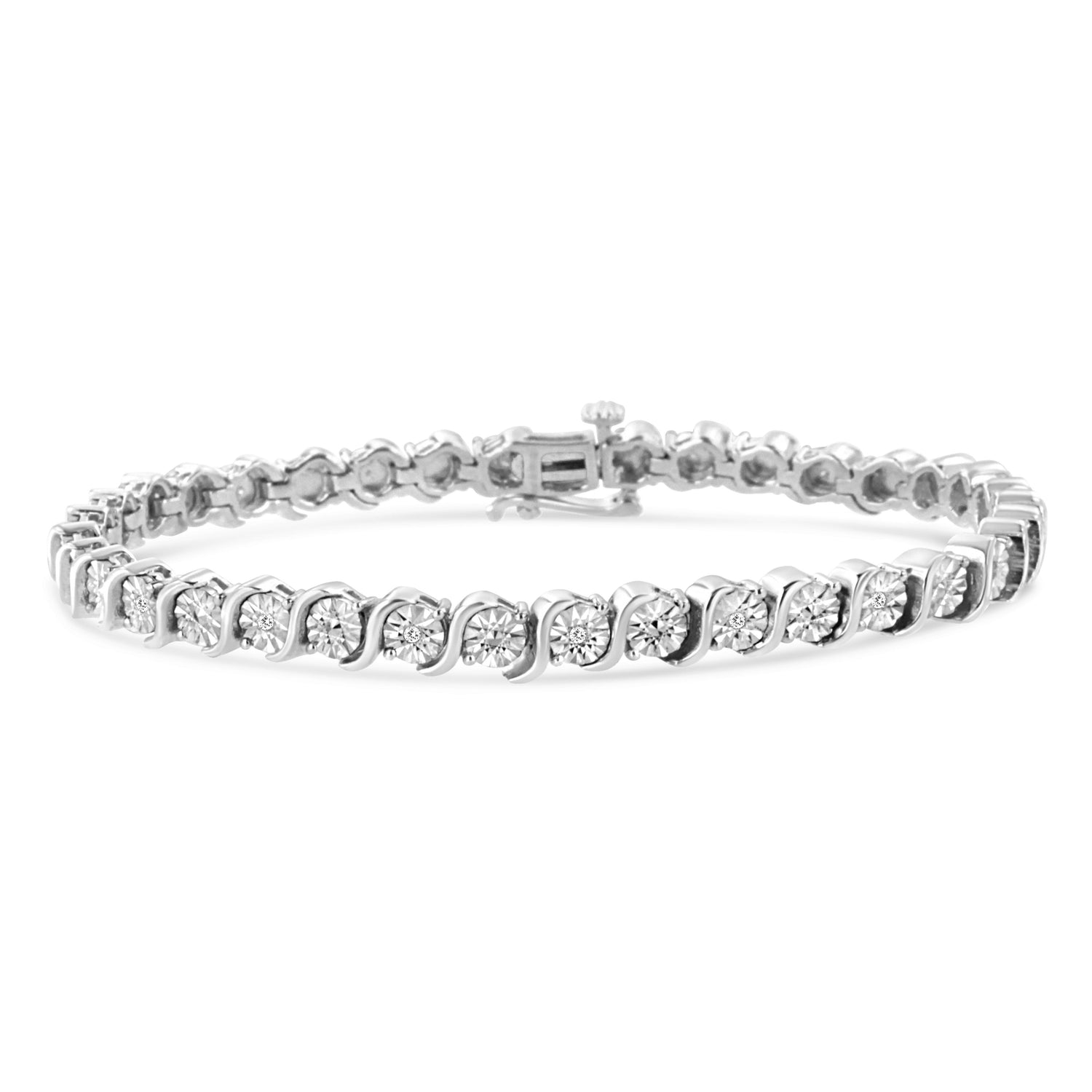 14K Rose Gold Plated .925 Sterling Silver 1/10 Cttw Diamond Round Miracle Plate and "S" Link Tennis Bracelet (I-J Color, I2- I3 Clarity) - 7" by Bids.com