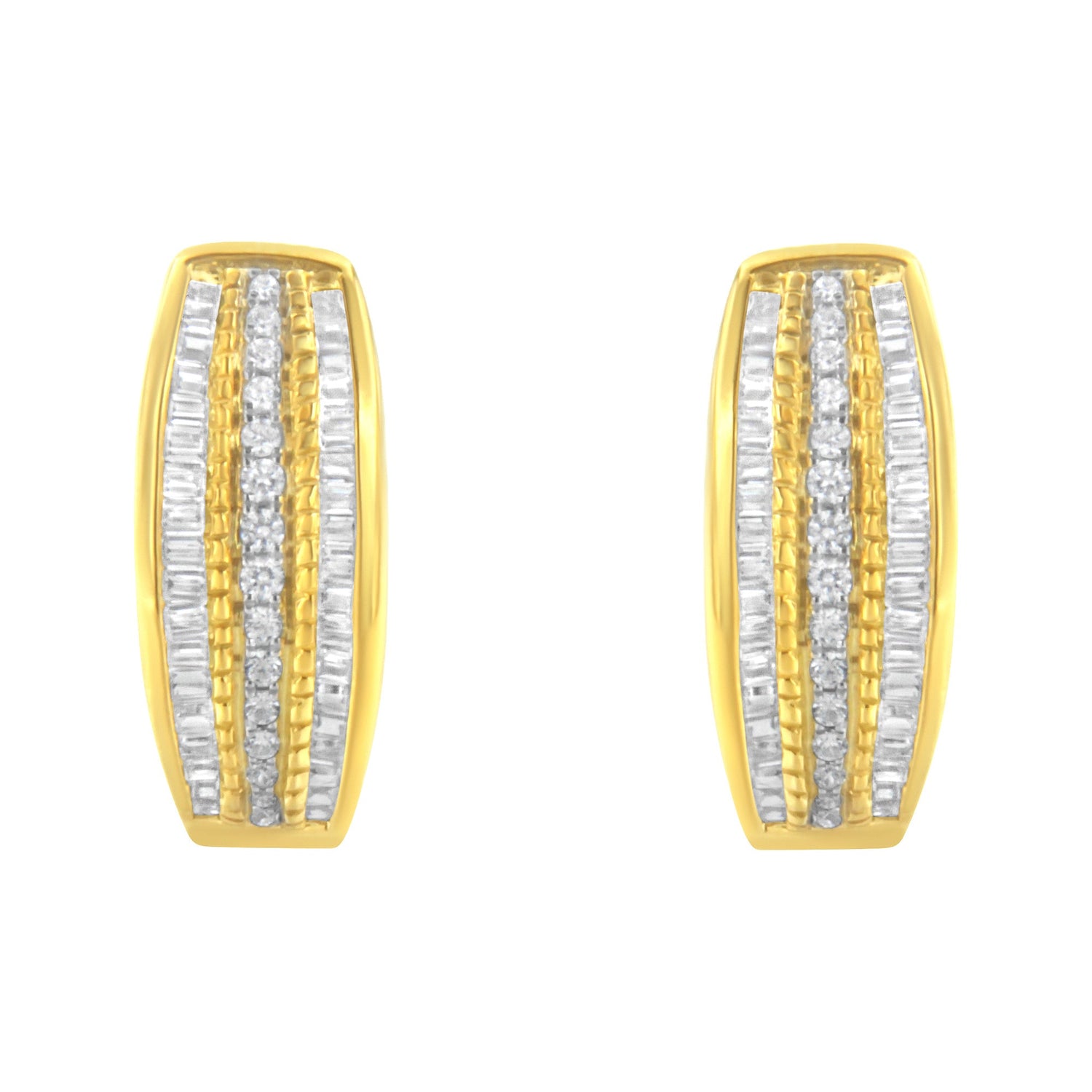 10K Yellow Gold 3/4 Cttw Pave and Channel Set Diamond Triple Row Modern Hoop Earrings (I-J Color, I2-I3 Clarity) by Bids.com