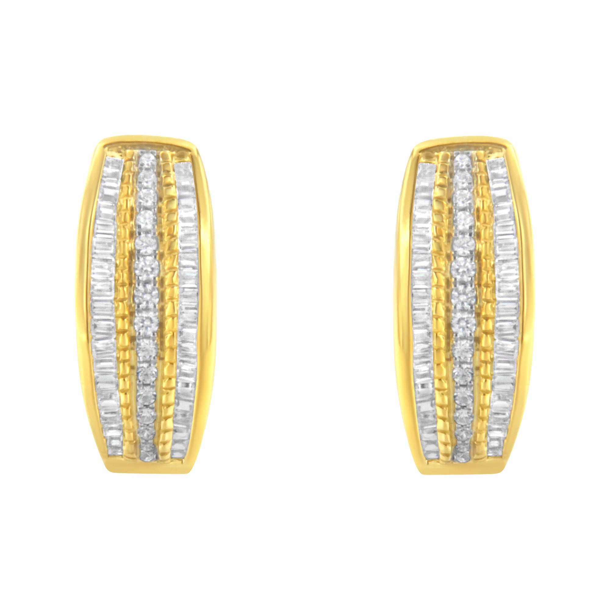 10K Yellow Gold 3/4 Cttw Pave and Channel Set Diamond Triple Row Modern Hoop Earrings (I-J Color, I2-I3 Clarity) by Bids.com