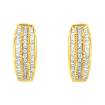 10K Yellow Gold 3/4 Cttw Pave and Channel Set Diamond Triple Row Modern Hoop Earrings (I-J Color, I2-I3 Clarity) by Bids.com