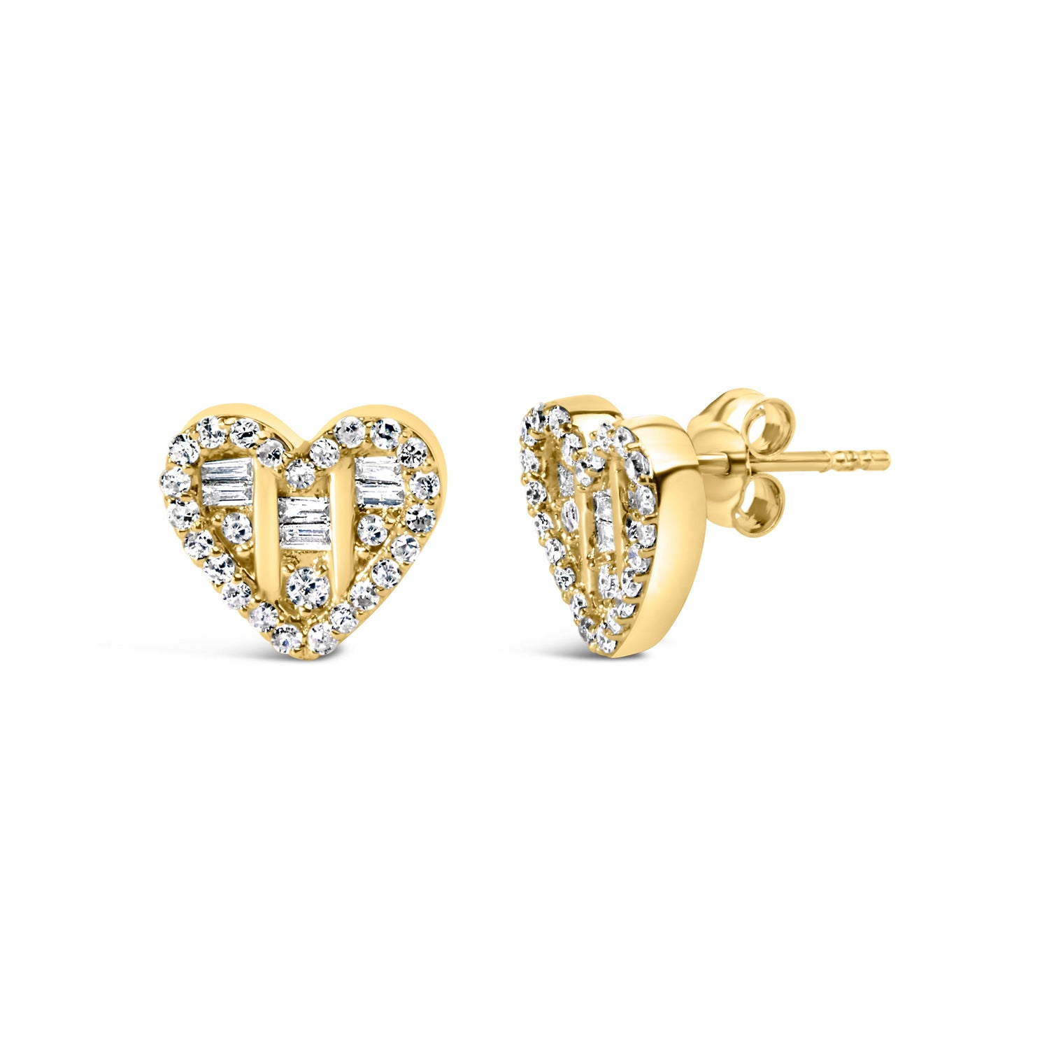 14K Yellow Gold Plated .925 Sterling Silver 1/2 Cttw Round and Baguette Diamond Composite Heart Shaped Stud Earring (I-J Color, SI2-I1 Clarity) by Bids.com