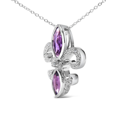 .925 Sterling Silver Purple Amethyst Marquise and Diamond Accent Fleur De Lis Pendant Necklace (H-I Color, SI1-SI2 Clarity) - Size 18" by Bids.com