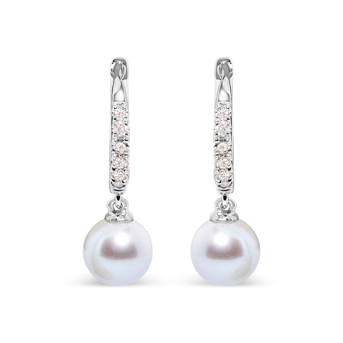 10K White Gold 6x6 MM Cultured Freshwater Pearl and Diamond Accent Drop Huggy Earring (H-I Color, I1-I2 Clarity) by Bids.com