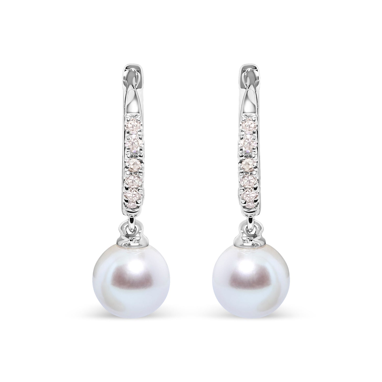 10K White Gold 6x6 MM Cultured Freshwater Pearl and Diamond Accent Drop Huggy Earring (H-I Color, I1-I2 Clarity) by Bids.com