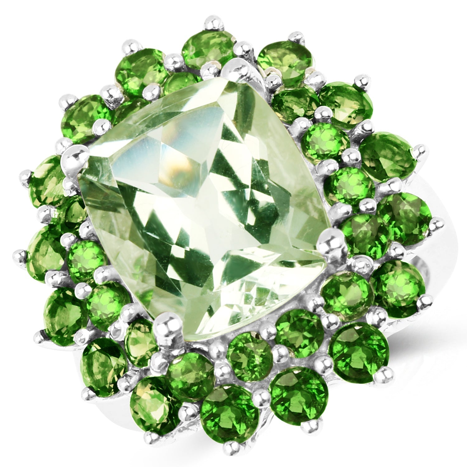 9.89 Carat Genuine Green Amethyst and Chrome Diopside .925 Sterling Silver Ring  DestGlow