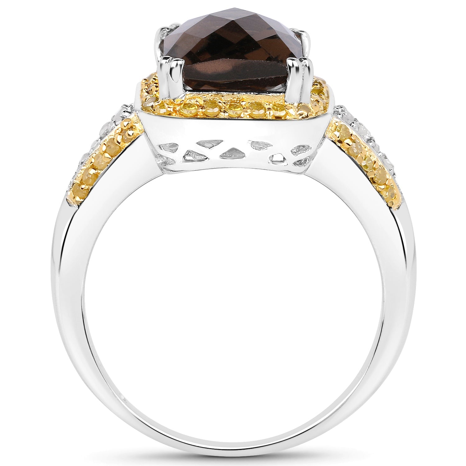 3.48 Carat Genuine Smoky Quartz, Yellow Diamond and White Diamond .925 Sterling Silver Ring by Bids.com