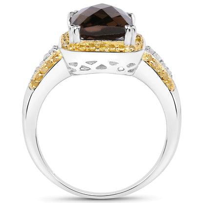 3.48 Carat Genuine Smoky Quartz, Yellow Diamond and White Diamond .925 Sterling Silver Ring by Bids.com