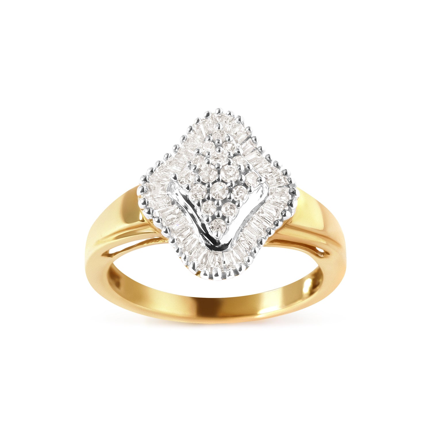 10K Yellow Gold 1/2 Cttw Round And Baguette-cut Diamond Rhombus Head and Halo Ring (I-J Color, I1-I2 Clarity) - Ring Size 7 by Bids.com