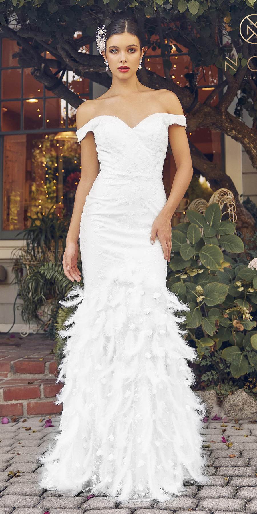 Nox Anabel C1106W Long Mermaid Off the Shoulder Gown with Feathers by DiscountDressShop