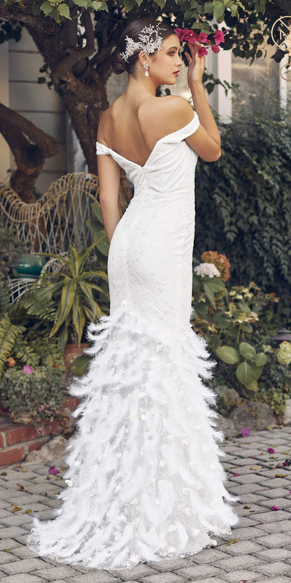 Nox Anabel C1106W Long Mermaid Off the Shoulder Gown with Feathers by DiscountDressShop