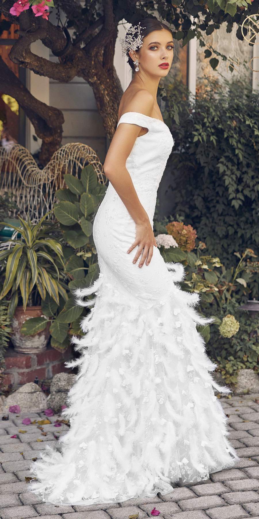Nox Anabel C1106W Long Mermaid Off the Shoulder Gown with Feathers by DiscountDressShop