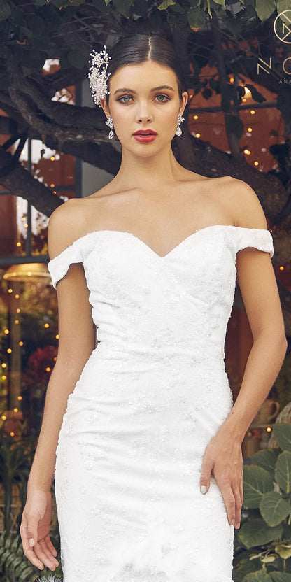 Nox Anabel C1106W Long Mermaid Off the Shoulder Gown with Feathers by DiscountDressShop