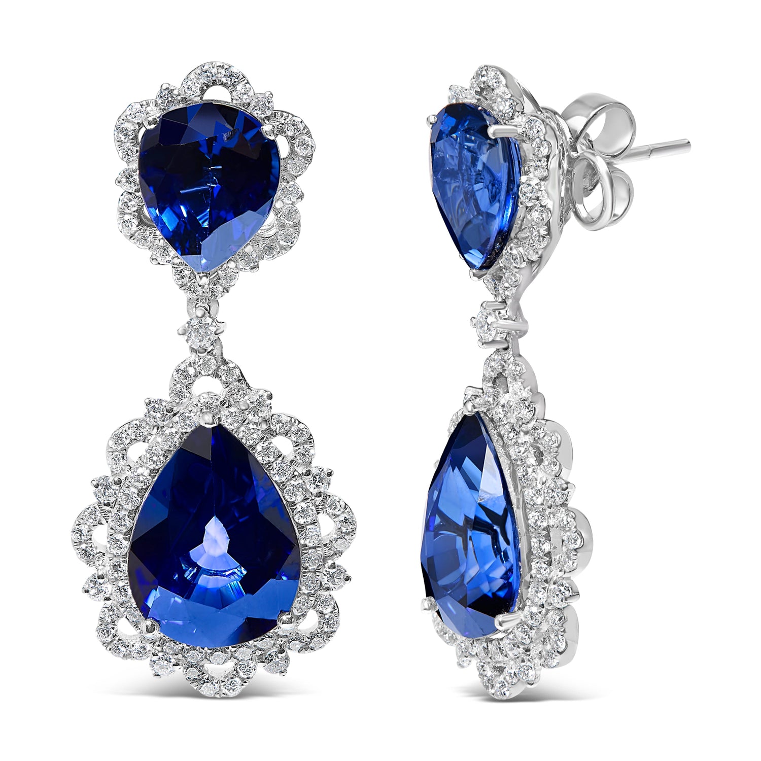 18K White Gold Blue Sapphire and Diamond 2.00 Cttw Diamond Halo Drop and Dangle Earring (G-H Color, SI1-SI2 Clarity) by Bids.com