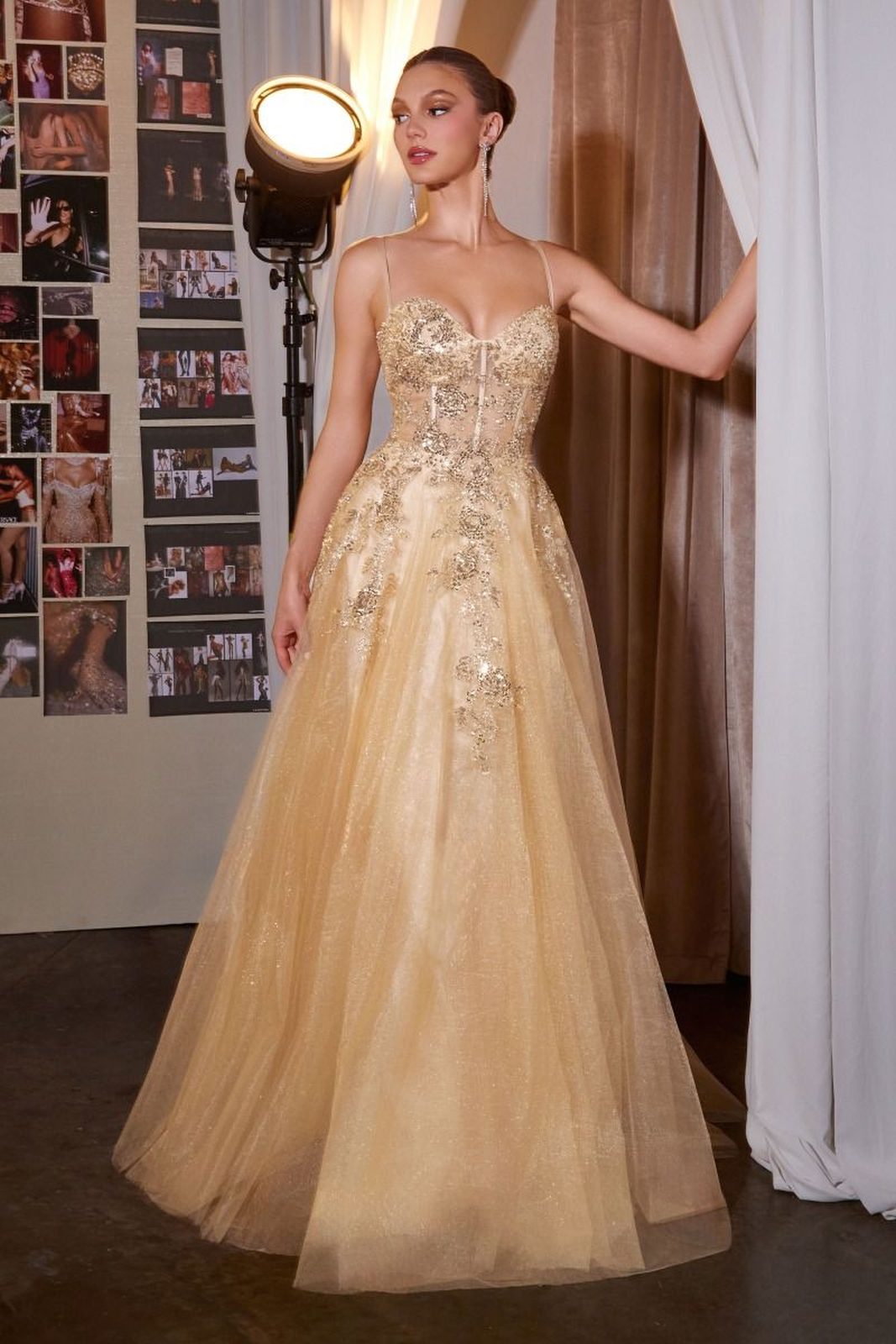 Ladivine C177 Floral Lace Applique A-Line Glitter Tulle Gown  DestGlow