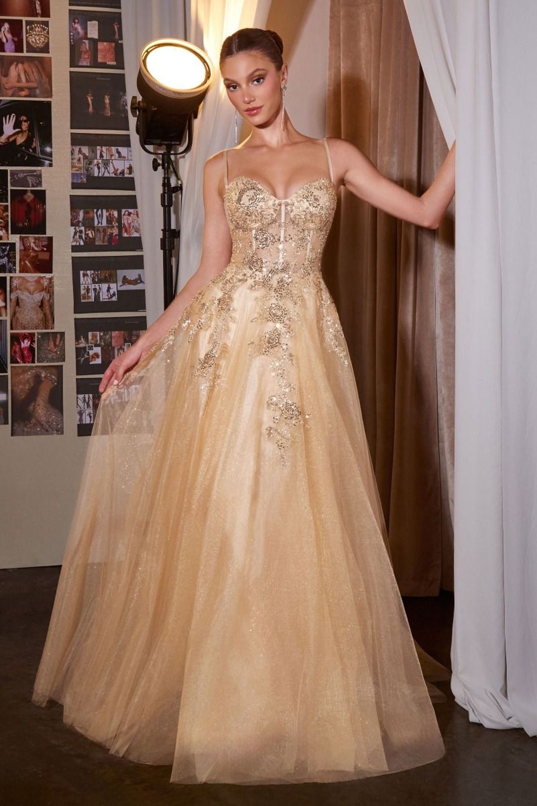 Ladivine C177 Floral Lace Applique A-Line Glitter Tulle Gown  DestGlow
