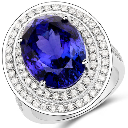 13.78 Carat Genuine Tanzanite and White Diamond 18K White Gold Ring by Bids.com