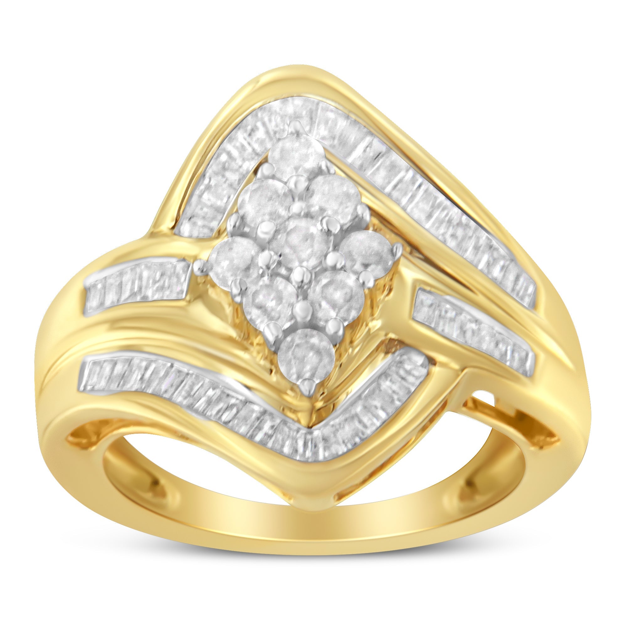10K Yellow Gold over .925 Sterling Silver Diamond Bypass Cluster Ring (1 Cttw, I-J Color, I2-I3 Clarity) - Size 6 by Bids.com
