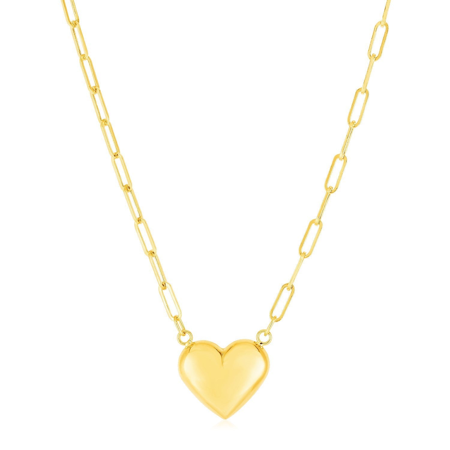 14k Yellow Gold Paperclip Chain Necklace with Puffed Heart by Bids.com