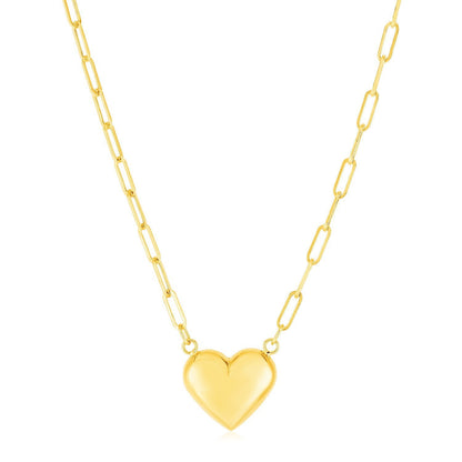14k Yellow Gold Paperclip Chain Necklace with Puffed Heart by Bids.com