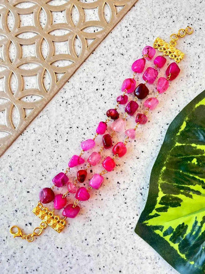 Joban Fashion Pink Brass Natural Stone Three Layered Bracelet