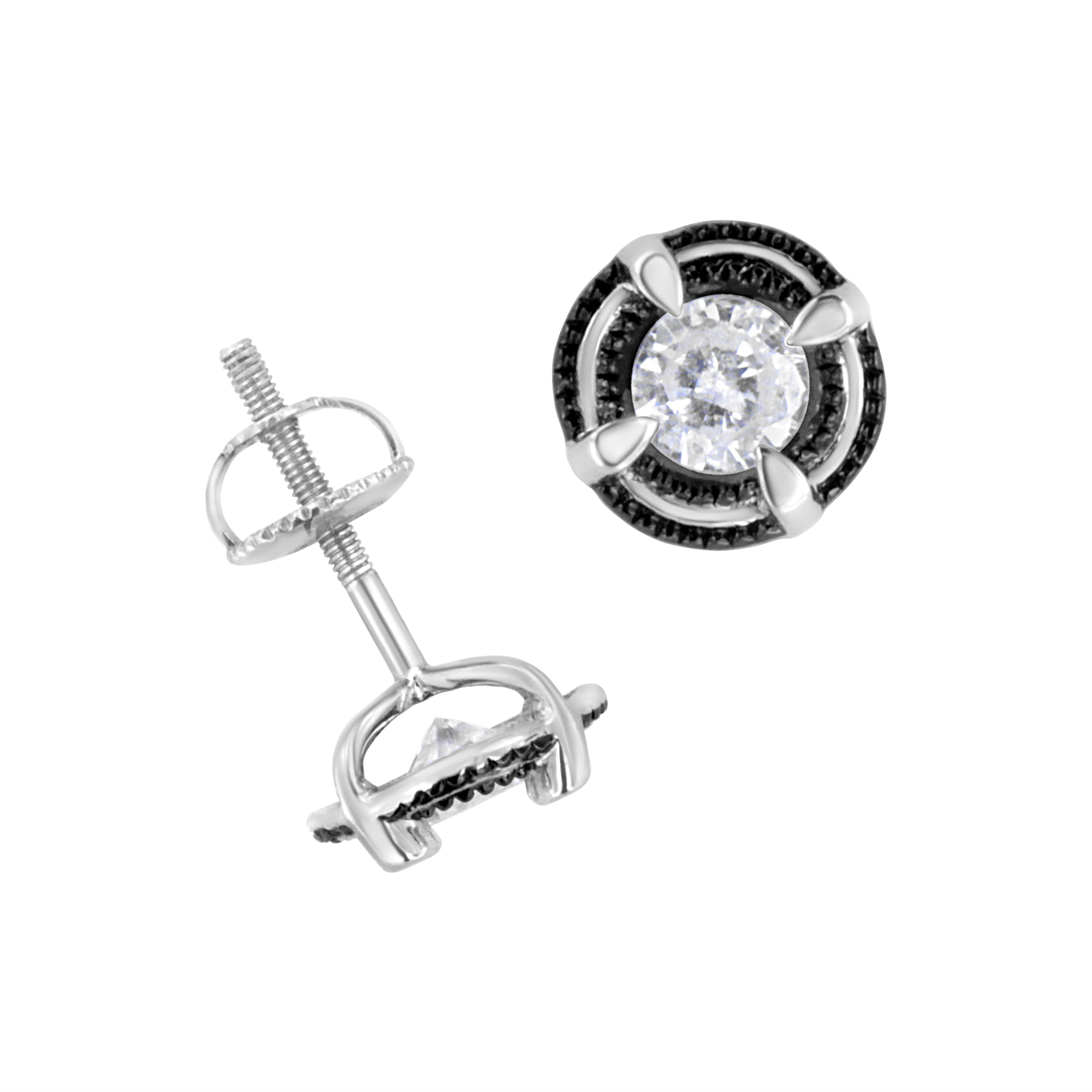 Black Rhodium Plated .925 Sterling Silver Round 1-1/2 cttw Diamond Double Halo 4-Prong Solitaire Milgrain Stud Earrings (H-I Color, I2-I3 Clarity) by Bids.com