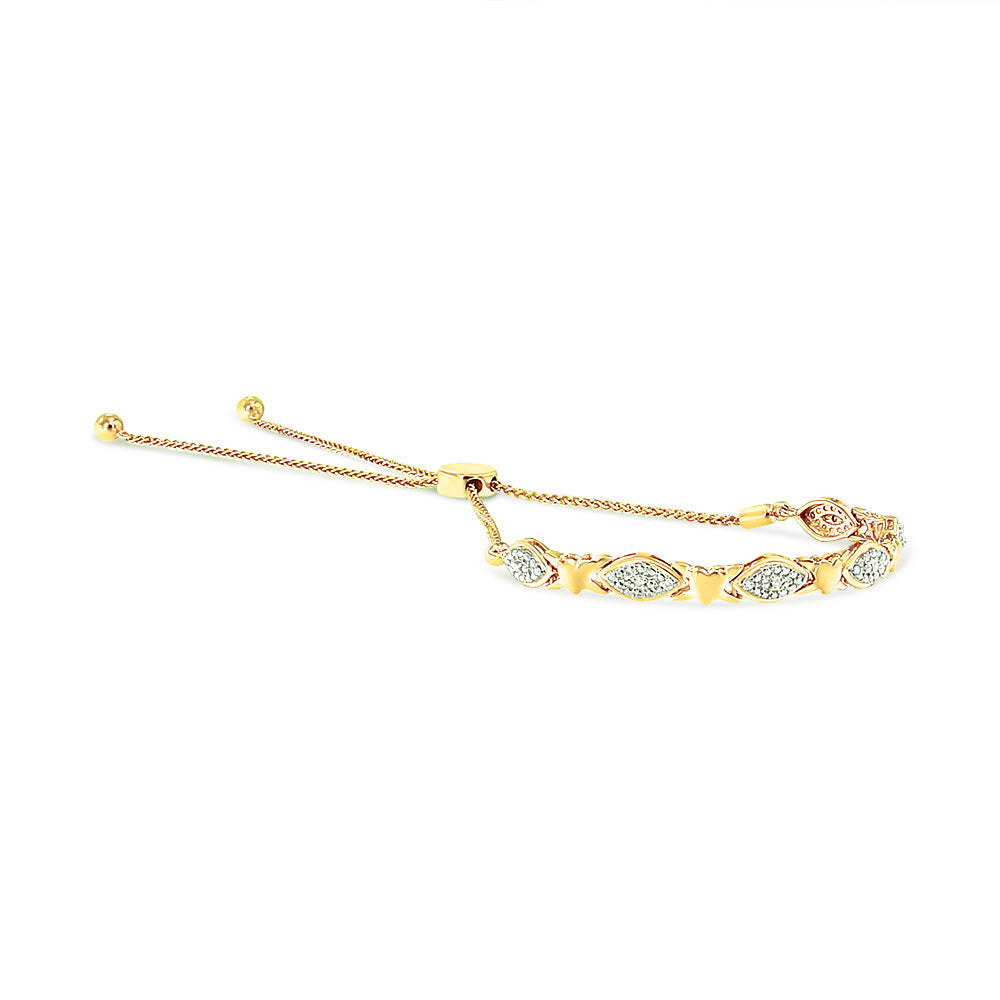 14K Yellow Gold Plated .925 Sterling Silver Diamond Accent Alternating Marquise Shape and Heart Links Bolo Bracelet (I-J Color, I3 Clarity) - Adjustable 6" to 9" by Bids.com