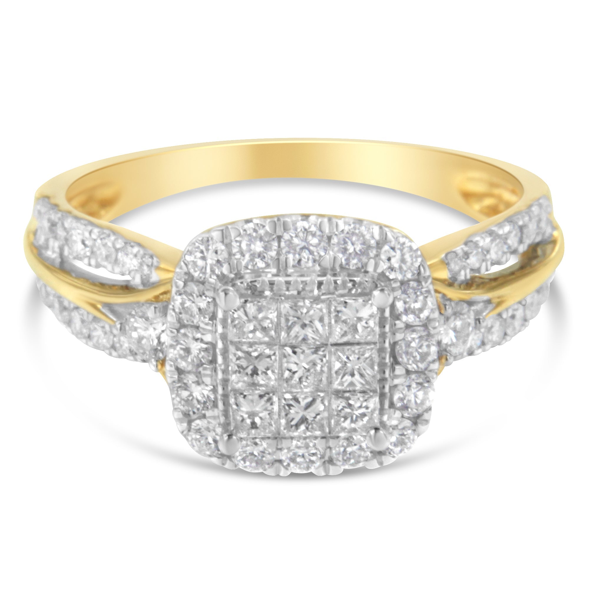 10K Yellow Gold 1.0 Cttw Diamond Composite Cushion-Shape Halo 3-Band-Look Engagement Ring (H-I Color, SI1-SI2 Clarity) - Size 6-1/4 by Bids.com