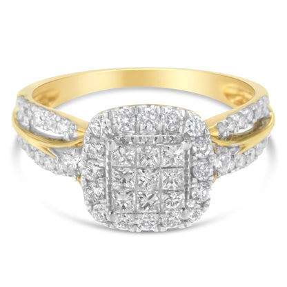 10K Yellow Gold 1.0 Cttw Diamond Composite Cushion-Shape Halo 3-Band-Look Engagement Ring (H-I Color, SI1-SI2 Clarity) - Size 6-1/4 by Bids.com