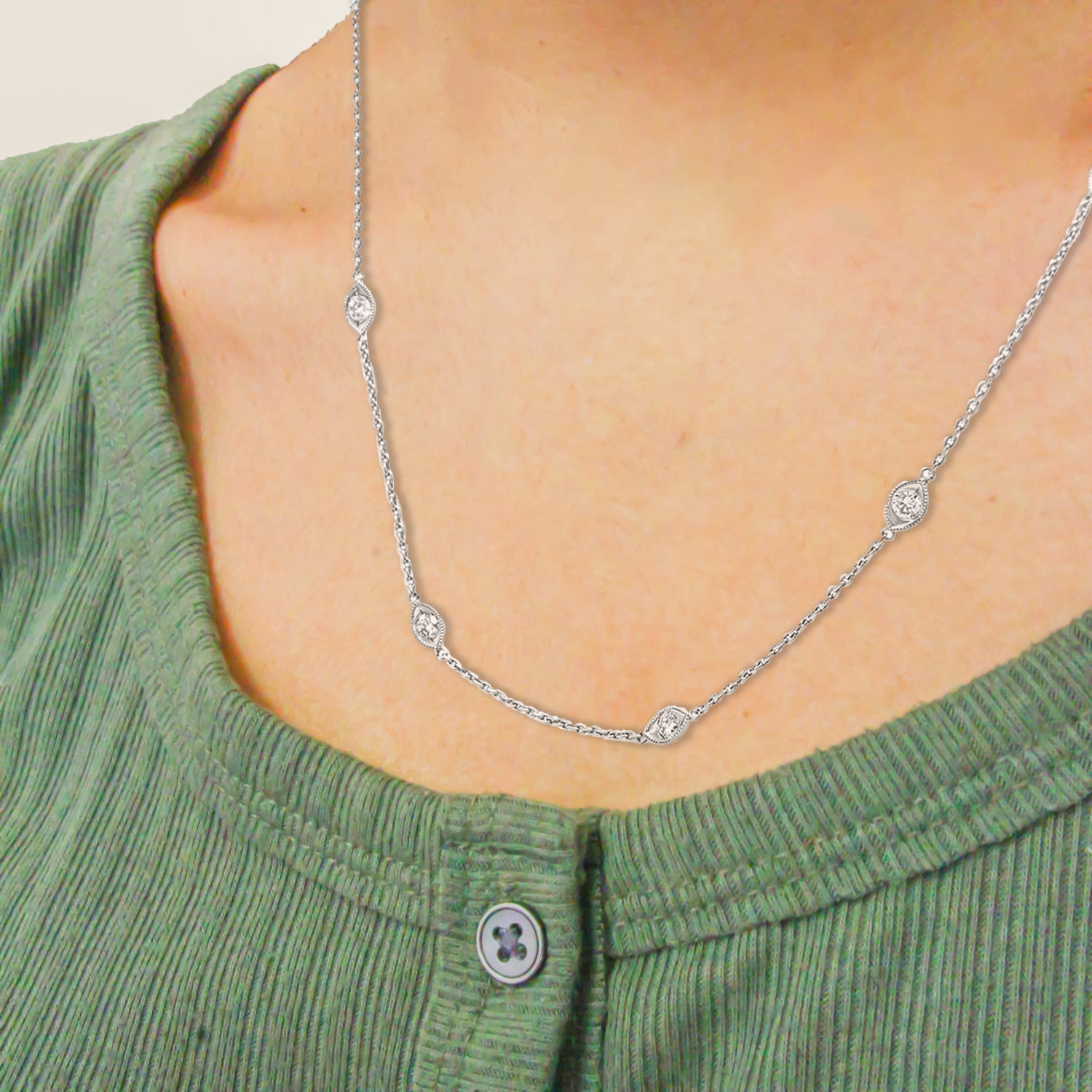 14K White Gold 1.00 Cttw Bezel Set Round Diamond Marquise Shaped Milgrain Station 18" Collar Necklace (G-H Color, SI1-SI2 Clarity) by Bids.com